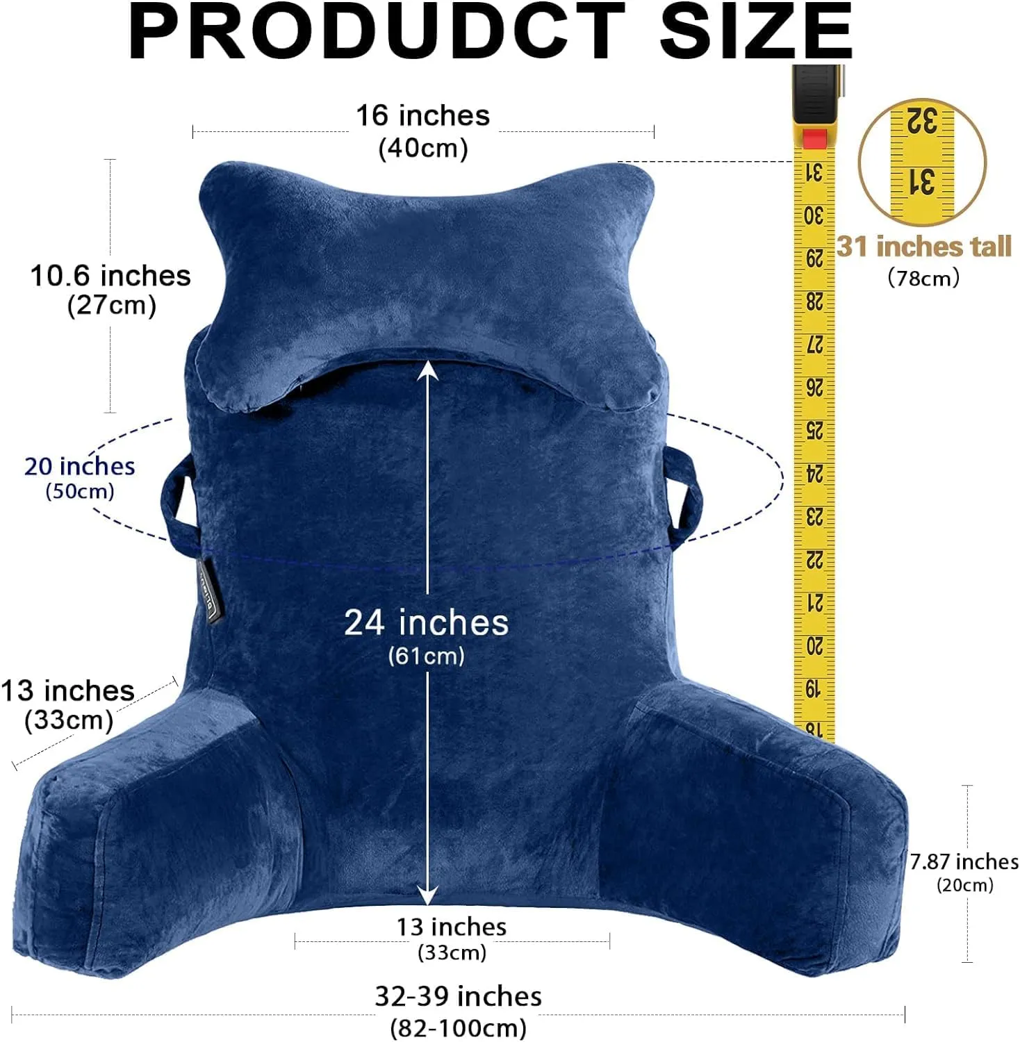 SLIGUY Reading Pillow-Extra Large 31" Bed Rest Pillow with Detachable Neck Roll & Arms for Sitting in Bed or Couch-Adult Backrest Reading Pillow for Reading/Watching TV/Gaming/Relaxing-Dark Blue