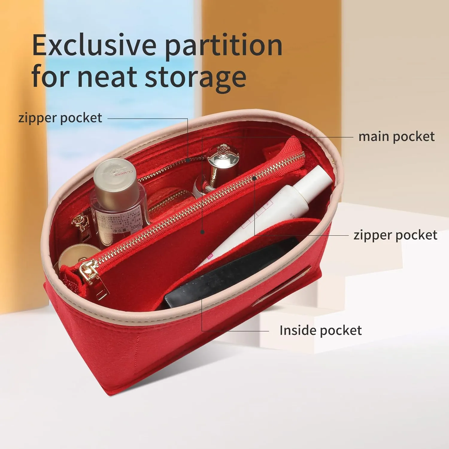 Small Purse Organizer insert for Handbags,Small Bag Organizer,Bag Divider,Felt Organizer Insert Compatible with LV Speedy,Onthego,Alma,NeoNoe,Noe,with Zipper Pocket (Red, S)