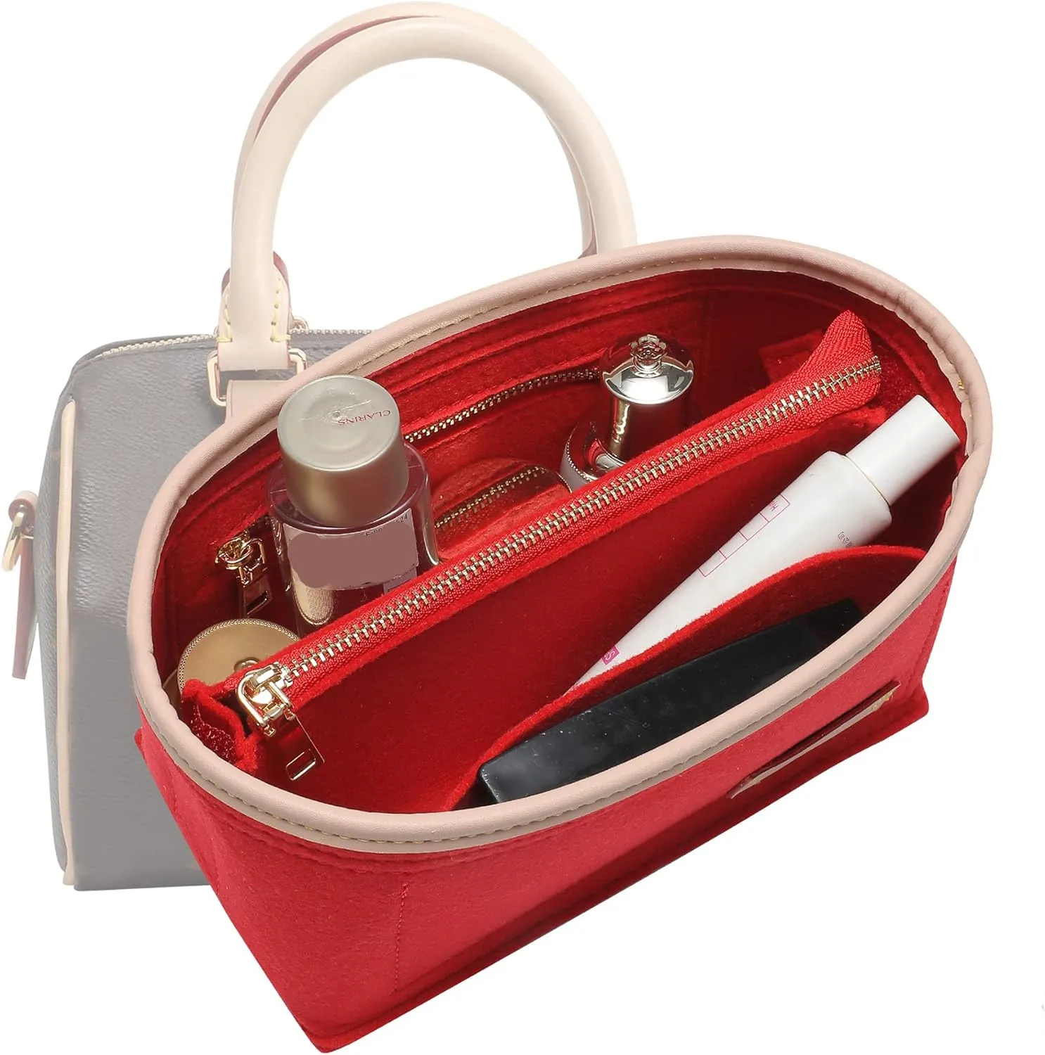 Small Purse Organizer insert for Handbags,Small Bag Organizer,Bag Divider,Felt Organizer Insert Compatible with LV Speedy,Onthego,Alma,NeoNoe,Noe,with Zipper Pocket (Red, S)