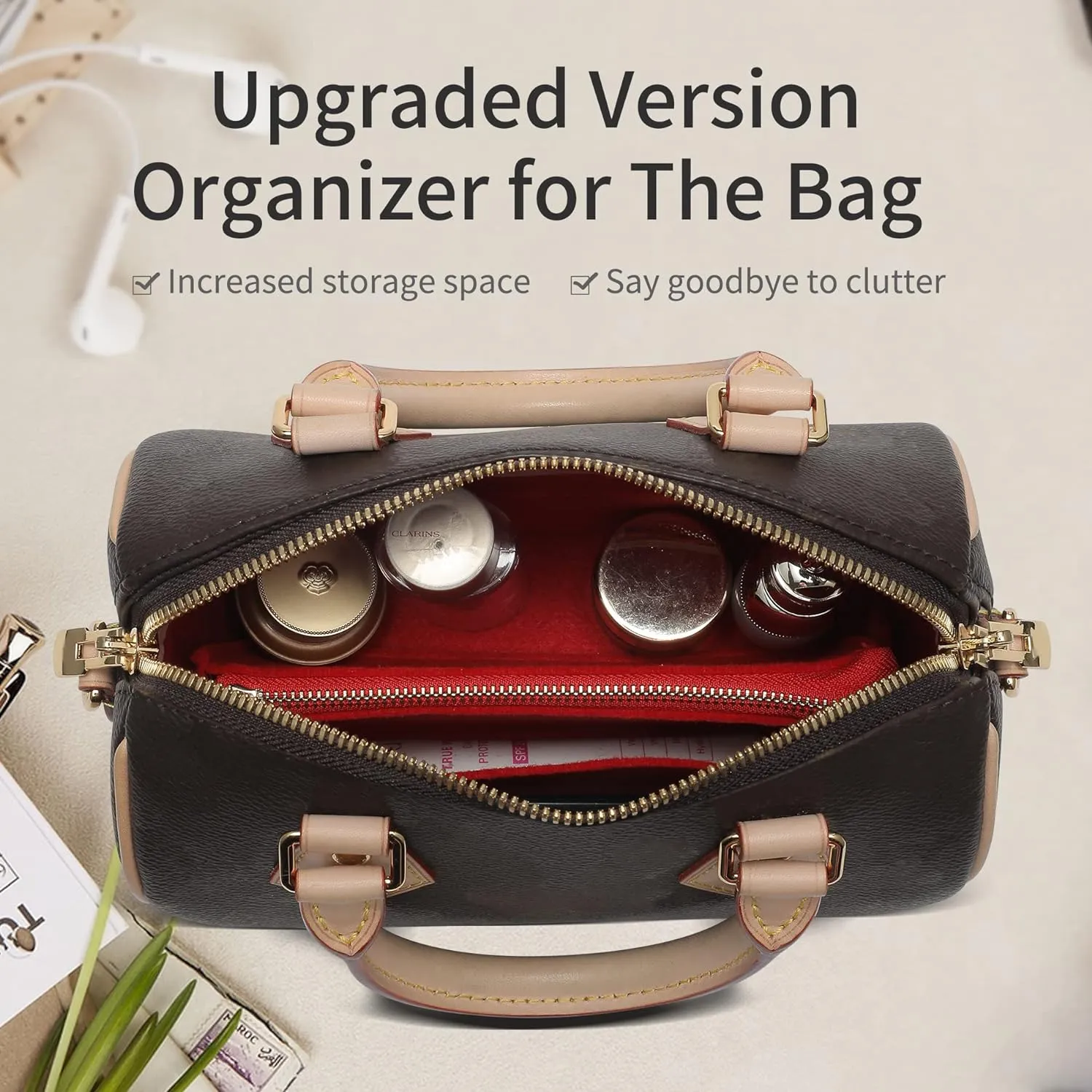 Small Purse Organizer insert for Handbags,Small Bag Organizer,Bag Divider,Felt Organizer Insert Compatible with LV Speedy,Onthego,Alma,NeoNoe,Noe,with Zipper Pocket (Red, S)