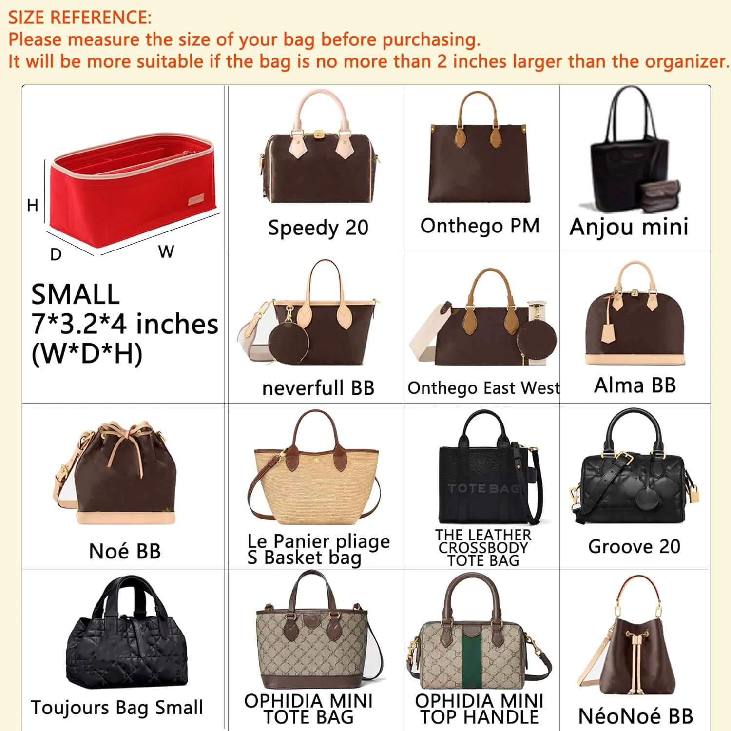 Small Purse Organizer insert for Handbags,Small Bag Organizer,Bag Divider,Felt Organizer Insert Compatible with LV Speedy,Onthego,Alma,NeoNoe,Noe,with Zipper Pocket (Red, S)