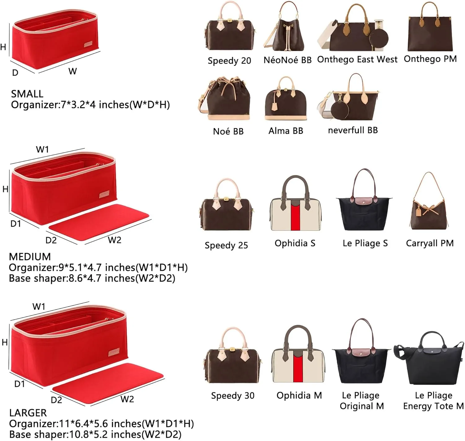 Small Purse Organizer insert for Handbags,Small Bag Organizer,Bag Divider,Felt Organizer Insert Compatible with LV Speedy,Onthego,Alma,NeoNoe,Noe,with Zipper Pocket (Red, S)