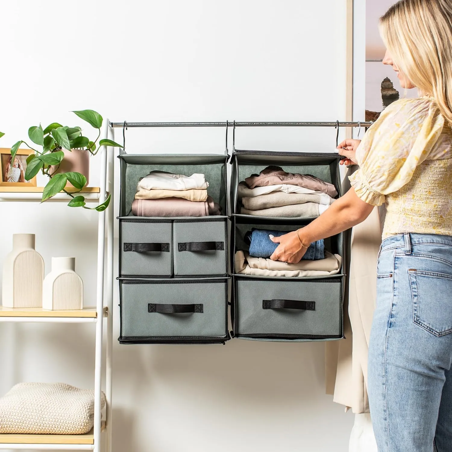 SMIRLY 6 Shelf Hanging Closet Organizer Hanging Shelves, Closet Hanging Organizer with 2 Sturdy Hooks for Wardrobe, Nursery, Storage (Grey, Separate)