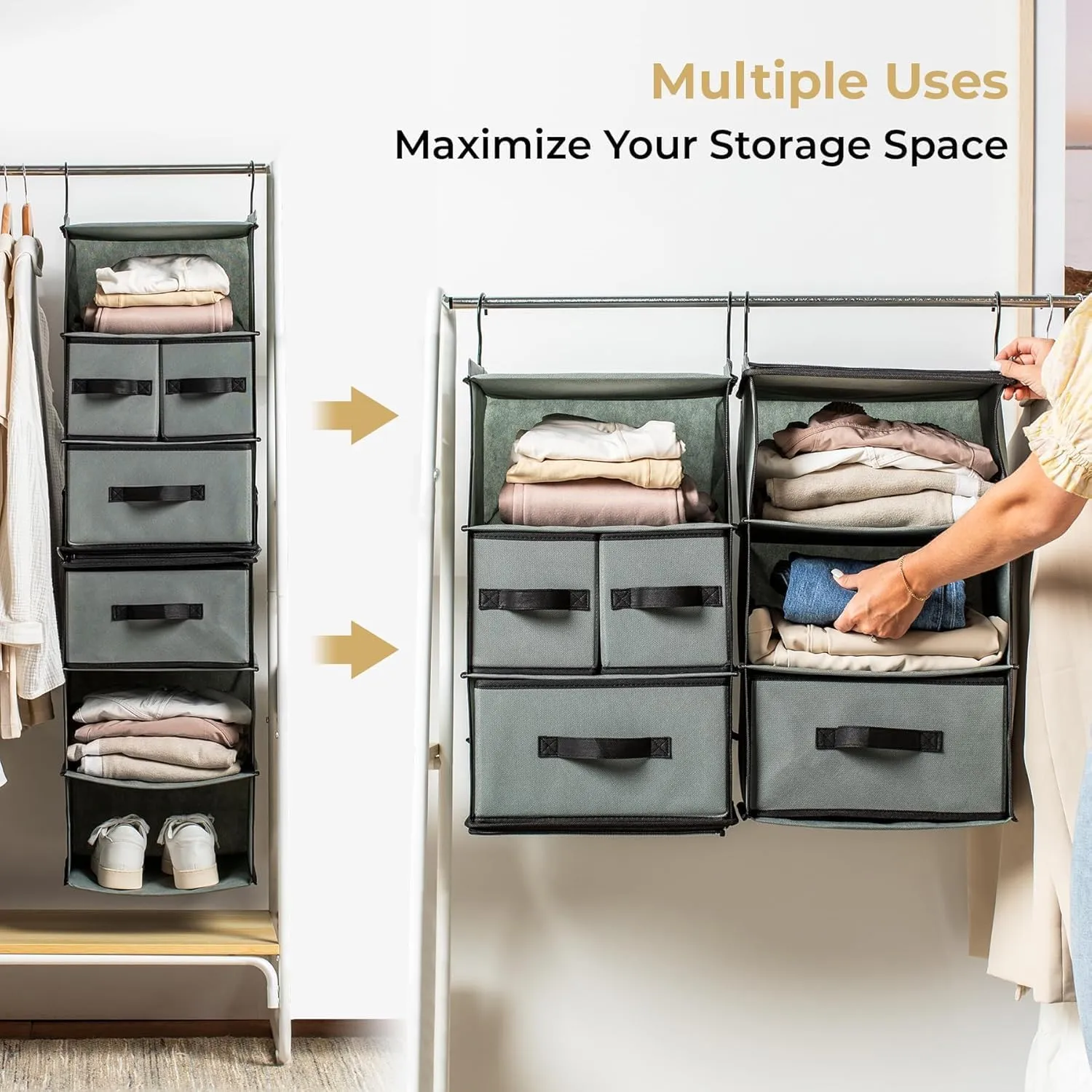 SMIRLY 6 Shelf Hanging Closet Organizer Hanging Shelves, Closet Hanging Organizer with 2 Sturdy Hooks for Wardrobe, Nursery, Storage (Grey, Separate)