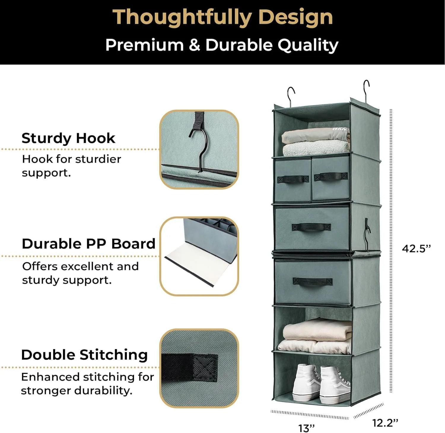 SMIRLY 6 Shelf Hanging Closet Organizer Hanging Shelves, Closet Hanging Organizer with 2 Sturdy Hooks for Wardrobe, Nursery, Storage (Grey, Separate)
