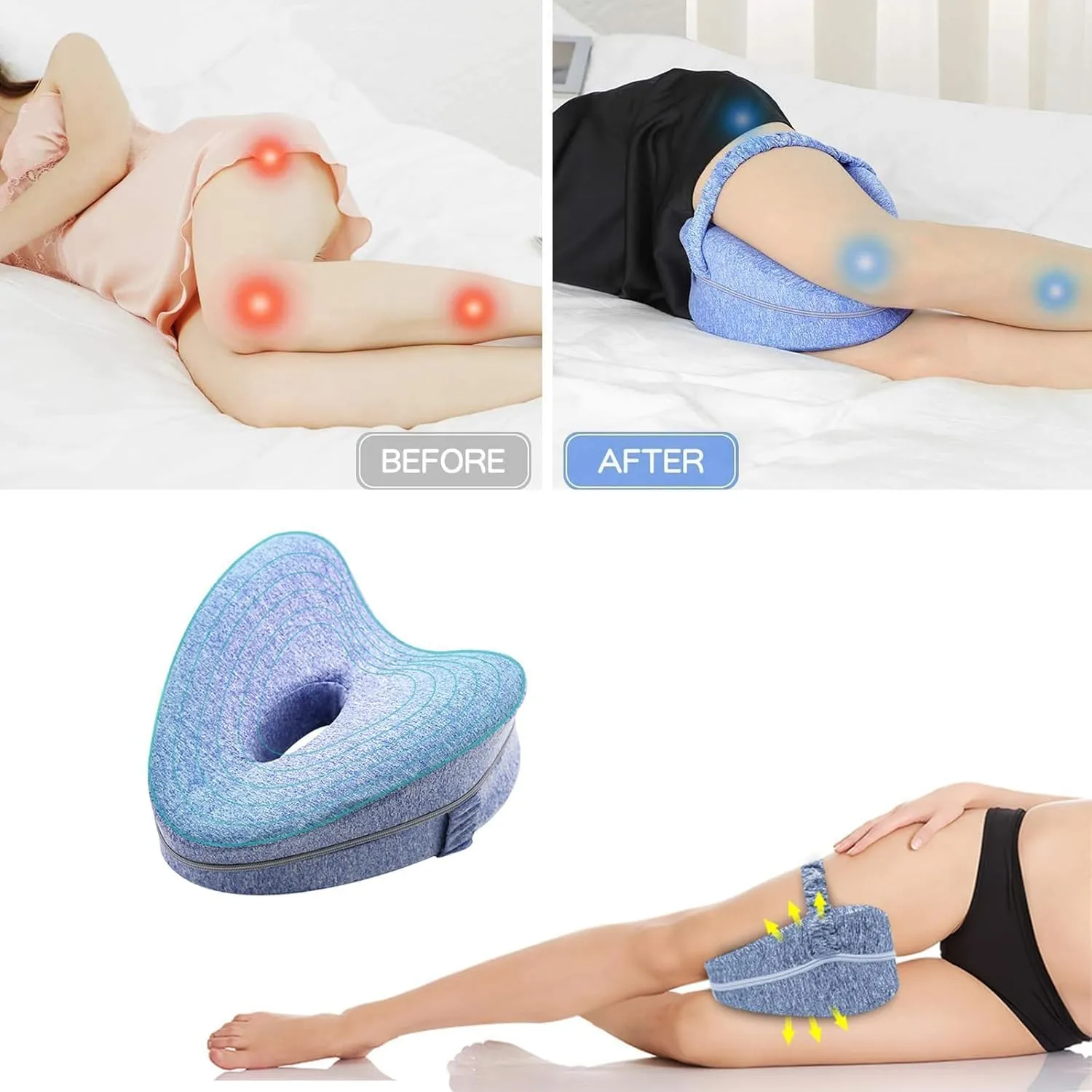 Smoothspine Leg Pillow | Revoget Ergonomic Side Sleeping Pillows | Memory Foam Knee Nue Pillow with Strap for Side Sleeper | Leg Support Cushion with Removable and Washable Cover