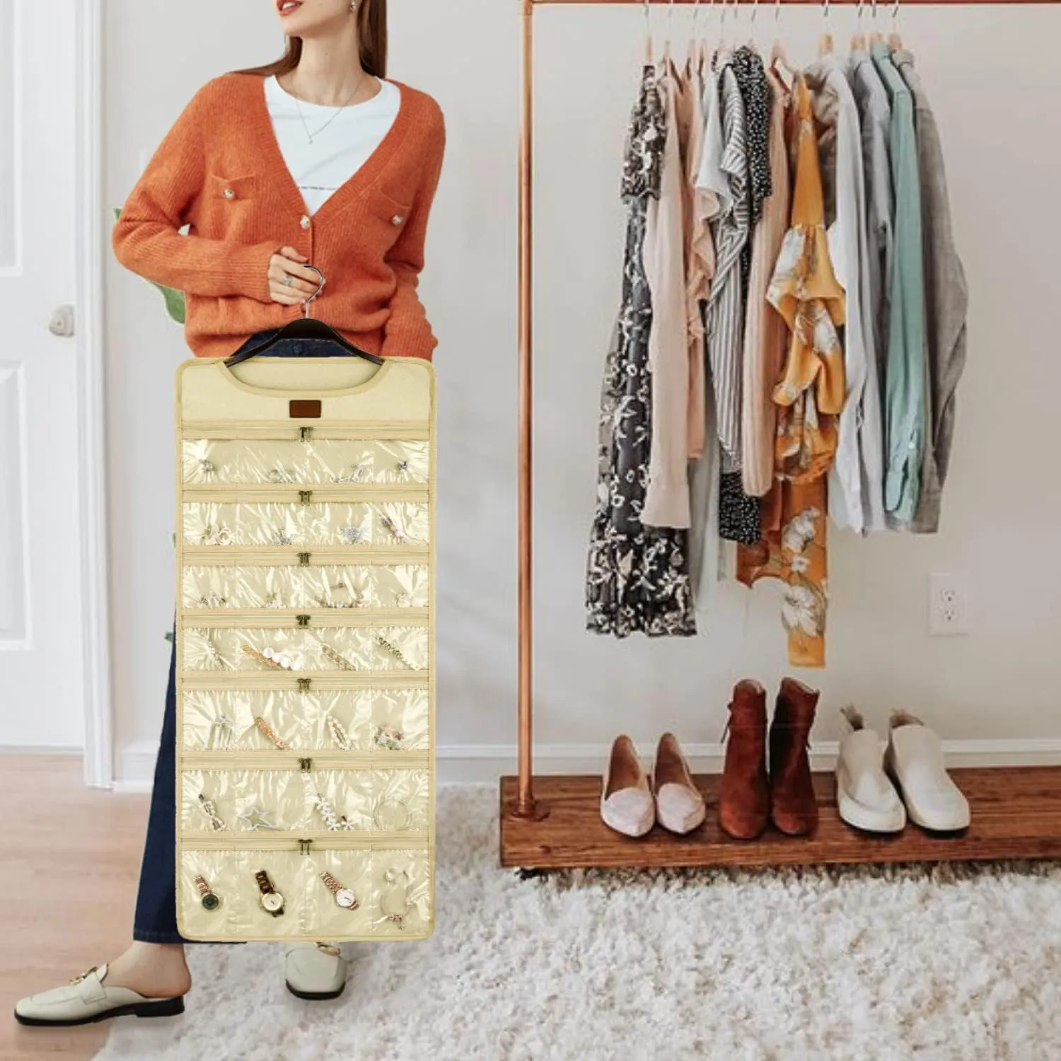 SMRITI Hanging Jewelry Organizer with Dual Zippered Pockets Canvas Double Sided Rotating Hanger Necklace Hanging Wall Organizer Earring Dustproof Holder Wall Mount Accessories Display Bag(Beige)