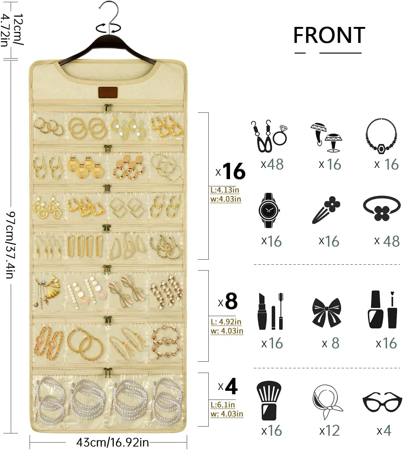 SMRITI Hanging Jewelry Organizer with Dual Zippered Pockets Canvas Double Sided Rotating Hanger Necklace Hanging Wall Organizer Earring Dustproof Holder Wall Mount Accessories Display Bag(Beige)