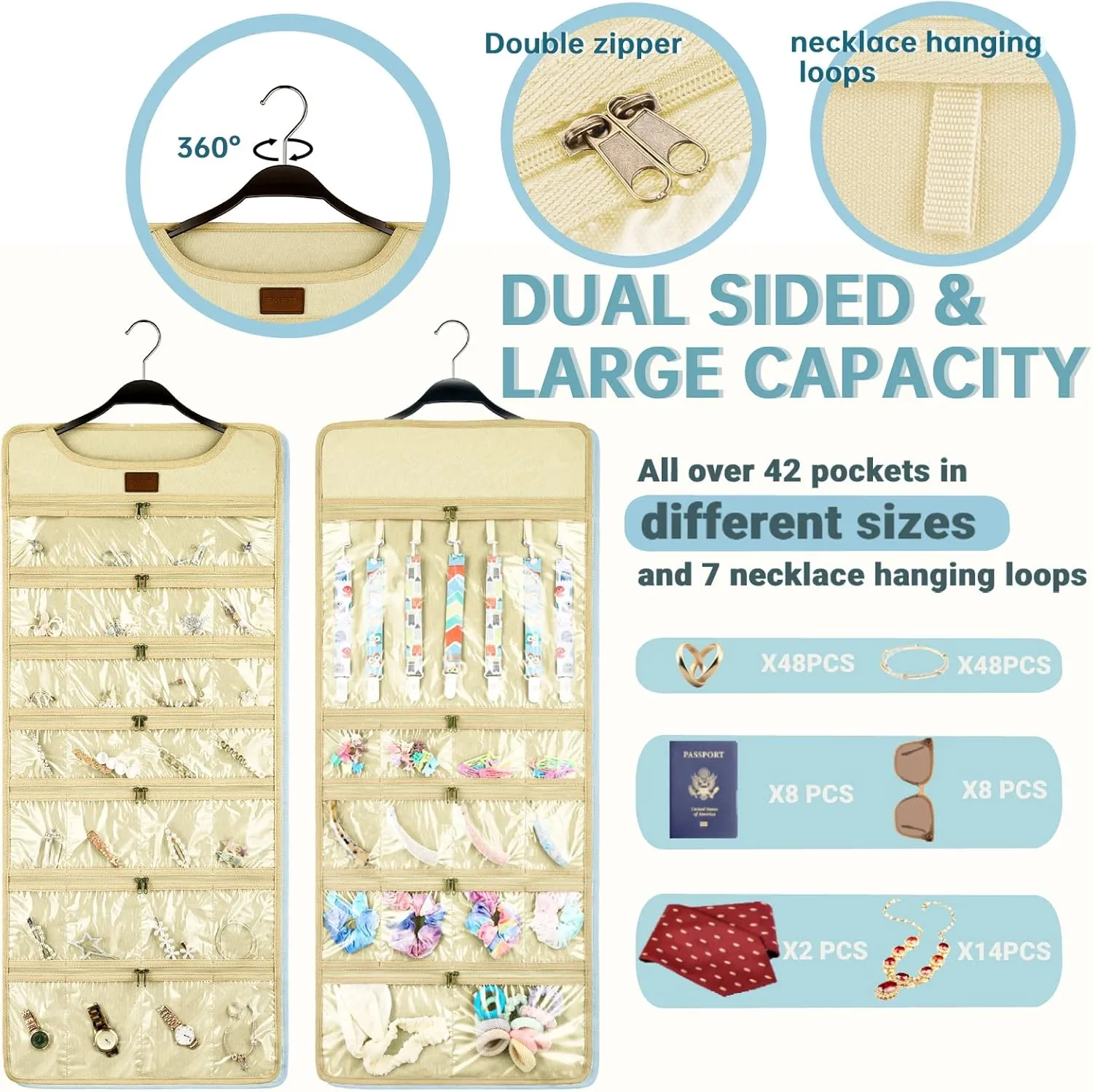 SMRITI Hanging Jewelry Organizer with Dual Zippered Pockets Canvas Double Sided Rotating Hanger Necklace Hanging Wall Organizer Earring Dustproof Holder Wall Mount Accessories Display Bag(Beige)