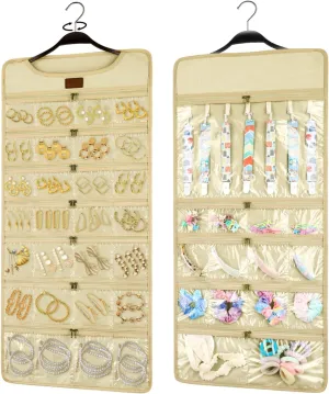 SMRITI Hanging Jewelry Organizer with Dual Zippered Pockets Canvas Double Sided Rotating Hanger Necklace Hanging Wall Organizer Earring Dustproof Holder Wall Mount Accessories Display Bag(Beige)