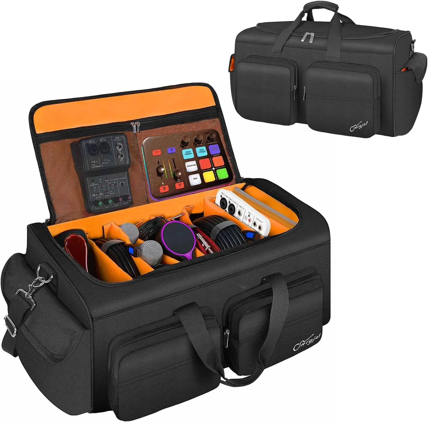 SNIGJAT Large Capacity DJ Cable Bag With 6 Pockets for Extension Cords, Mics, Pedals, Equipment Gig Bag With Padded Shoulder Strap, Audio Mixer Organizer, Orange