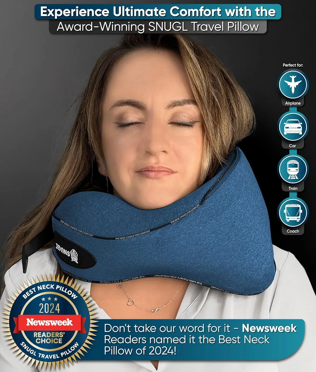 SNUGL Neck Travel Pillow - Memory Foam Airplane Pillow - Flight Pillow | Neck Support Travel Pillow with Carry Bag & Clip | Neck Pillows for Sleeping Travel Plane | Flying Travel Essentials - Blue