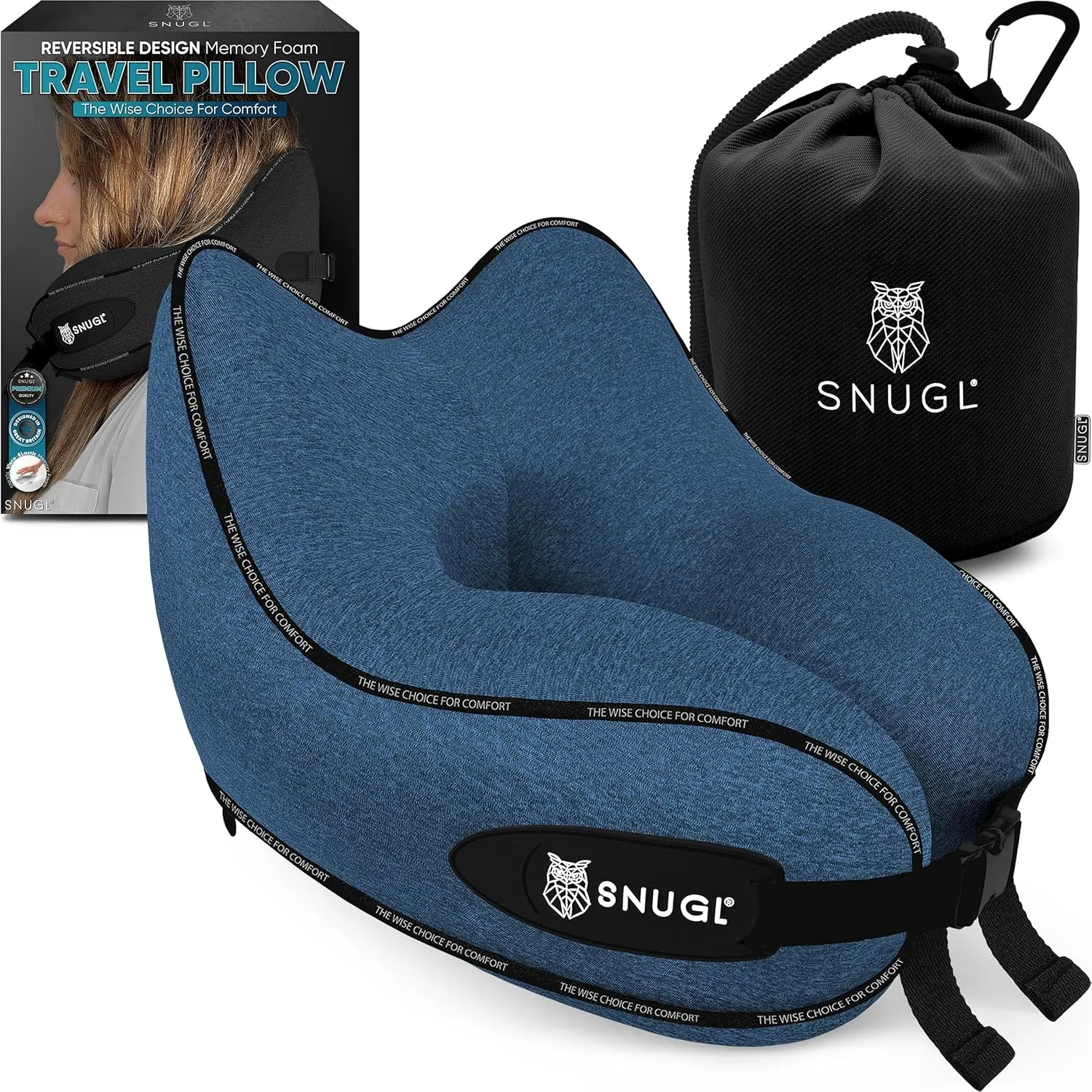 SNUGL Neck Travel Pillow - Memory Foam Airplane Pillow - Flight Pillow | Neck Support Travel Pillow with Carry Bag & Clip | Neck Pillows for Sleeping Travel Plane | Flying Travel Essentials - Blue