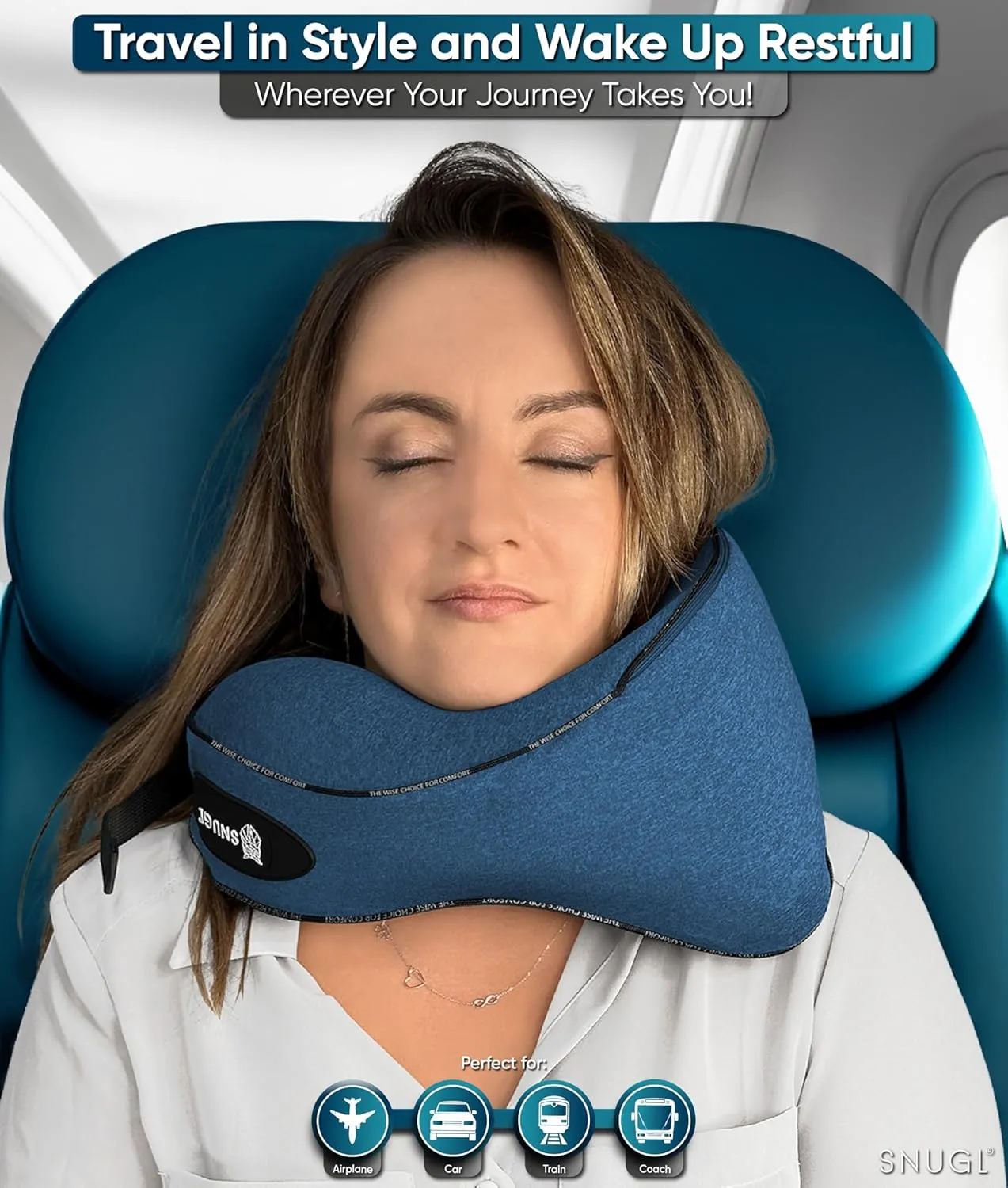 SNUGL Neck Travel Pillow - Memory Foam Airplane Pillow - Flight Pillow | Neck Support Travel Pillow with Carry Bag & Clip | Neck Pillows for Sleeping Travel Plane | Flying Travel Essentials - Blue