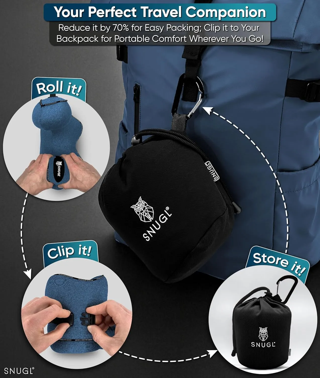 SNUGL Neck Travel Pillow - Memory Foam Airplane Pillow - Flight Pillow | Neck Support Travel Pillow with Carry Bag & Clip | Neck Pillows for Sleeping Travel Plane | Flying Travel Essentials - Blue