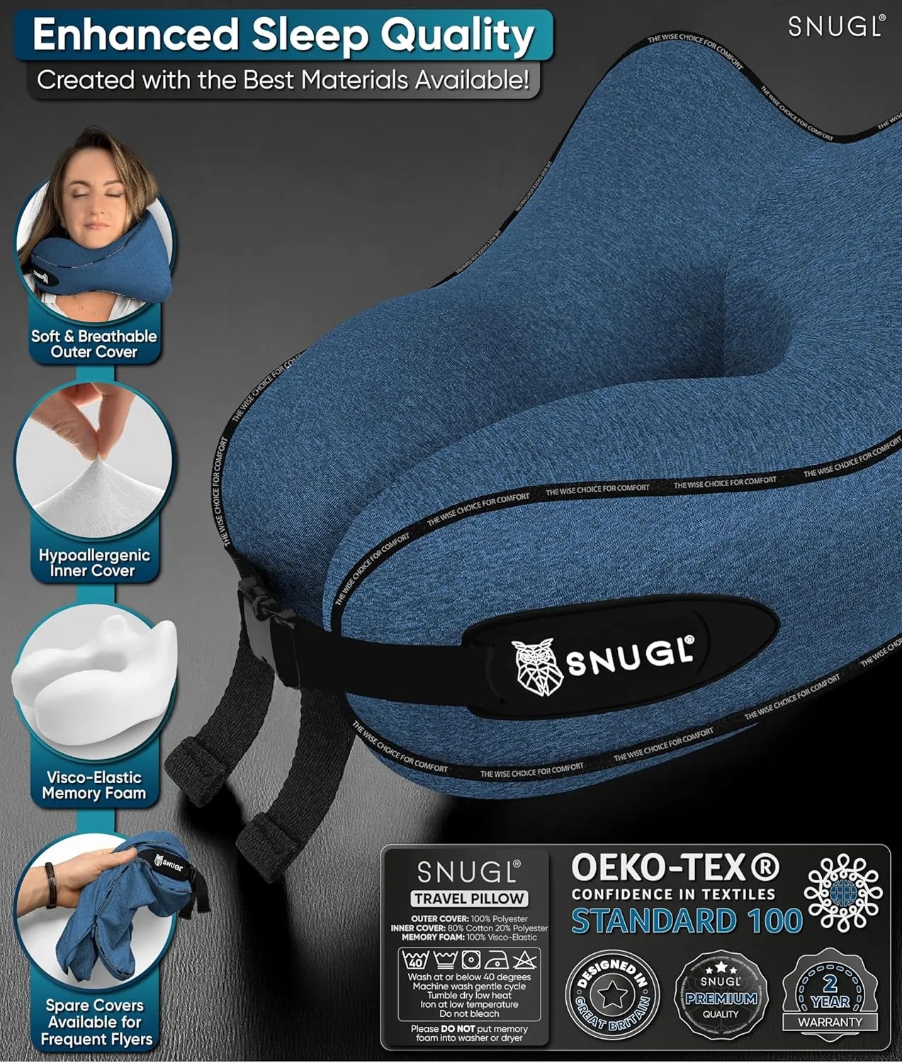 SNUGL Neck Travel Pillow - Memory Foam Airplane Pillow - Flight Pillow | Neck Support Travel Pillow with Carry Bag & Clip | Neck Pillows for Sleeping Travel Plane | Flying Travel Essentials - Blue