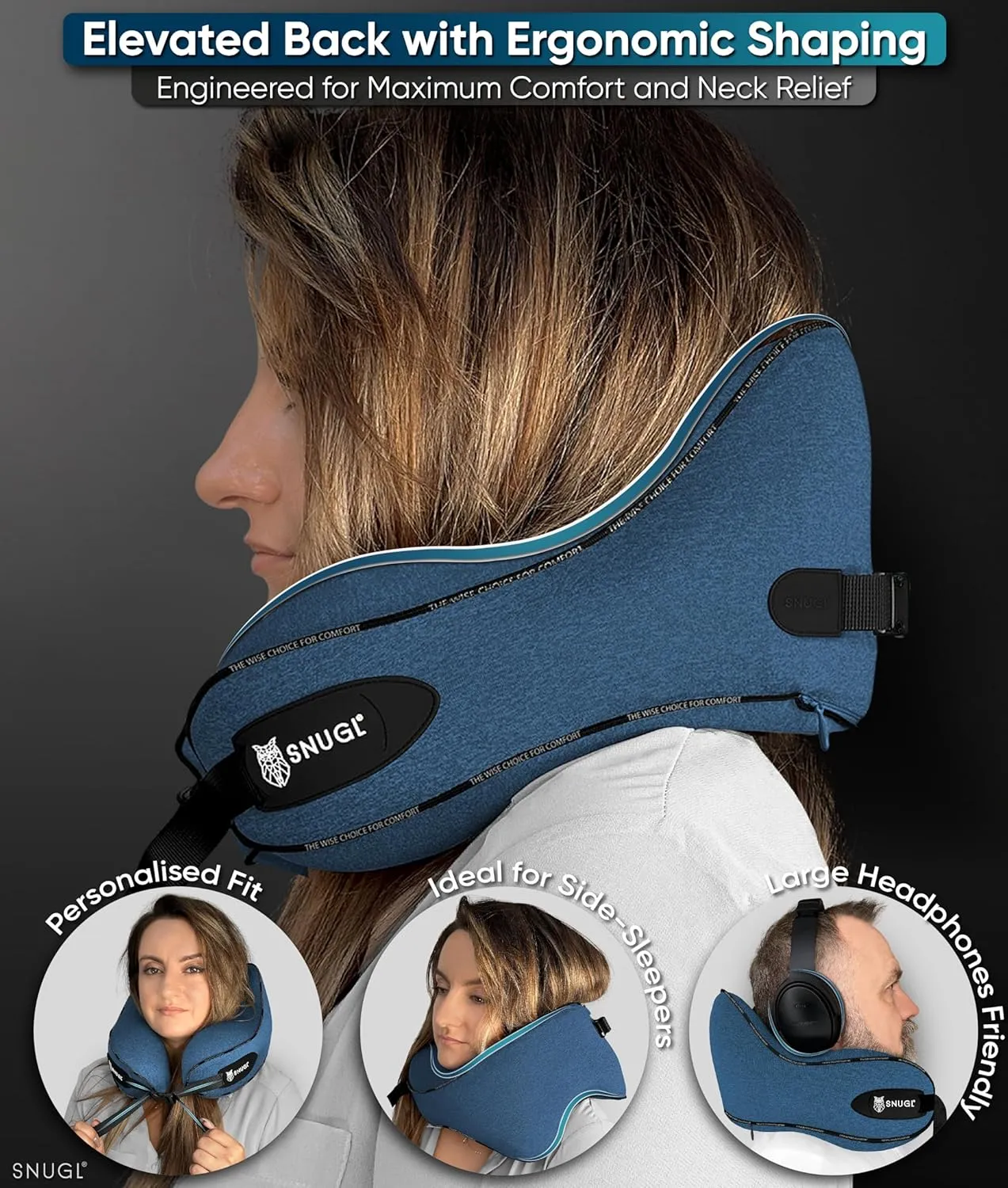 SNUGL Neck Travel Pillow - Memory Foam Airplane Pillow - Flight Pillow | Neck Support Travel Pillow with Carry Bag & Clip | Neck Pillows for Sleeping Travel Plane | Flying Travel Essentials - Blue