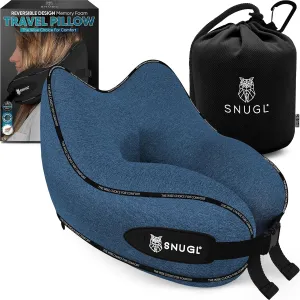 SNUGL Neck Travel Pillow - Memory Foam Airplane Pillow - Flight Pillow | Neck Support Travel Pillow with Carry Bag & Clip | Neck Pillows for Sleeping Travel Plane | Flying Travel Essentials - Blue