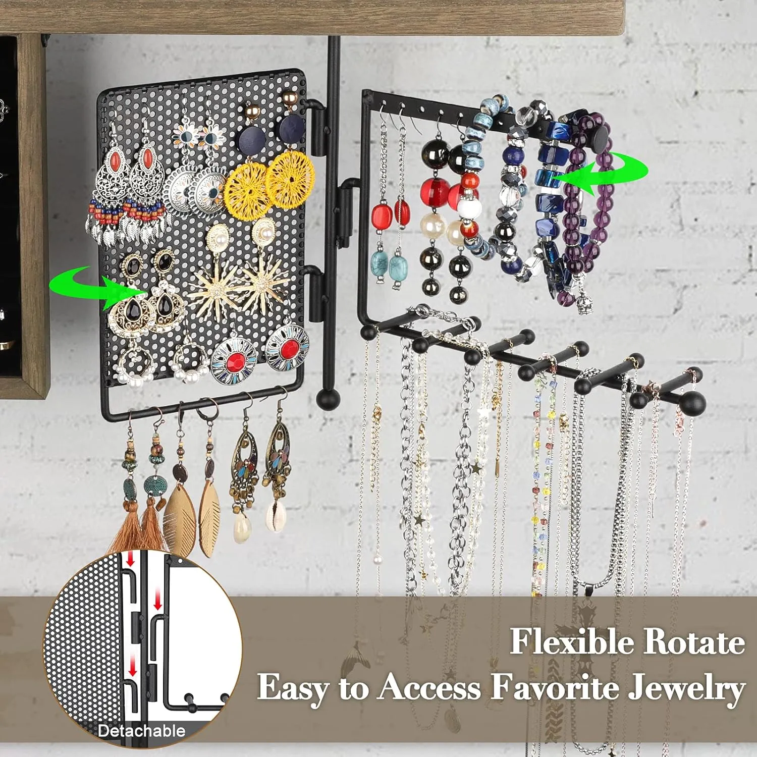 SOLIMINTR Hanging Jewelry Organizer Wall Mount Holder with Rustic Wood Shelf, Ring Display Box, Ear Studs Earring Holder, Rotating Necklace for Gothic Goth Accessories