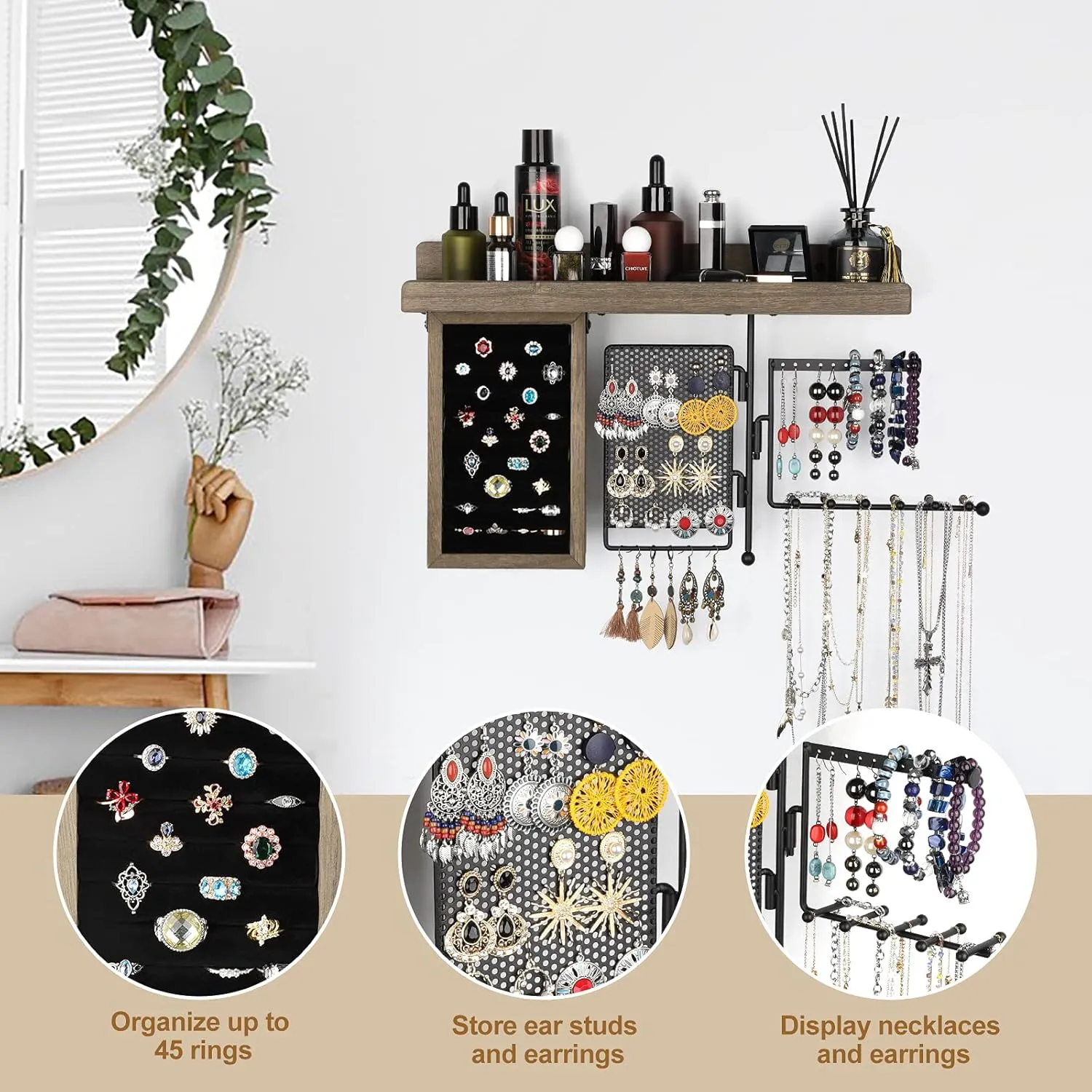 SOLIMINTR Hanging Jewelry Organizer Wall Mount Holder with Rustic Wood Shelf, Ring Display Box, Ear Studs Earring Holder, Rotating Necklace for Gothic Goth Accessories