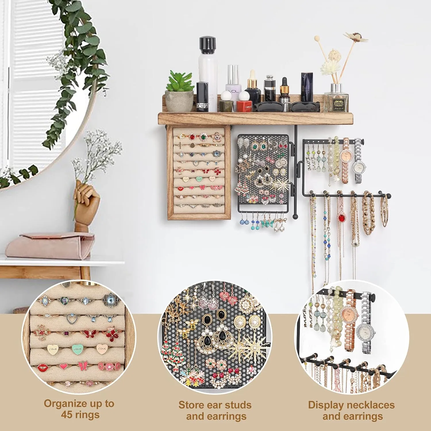 SOLIMINTR Hanging Jewelry Organizer Wall Mount with Rustic Wood Shelf, Ring Display Box, Ear Studs Earring Holder, Rotating Necklace Holder Organizer