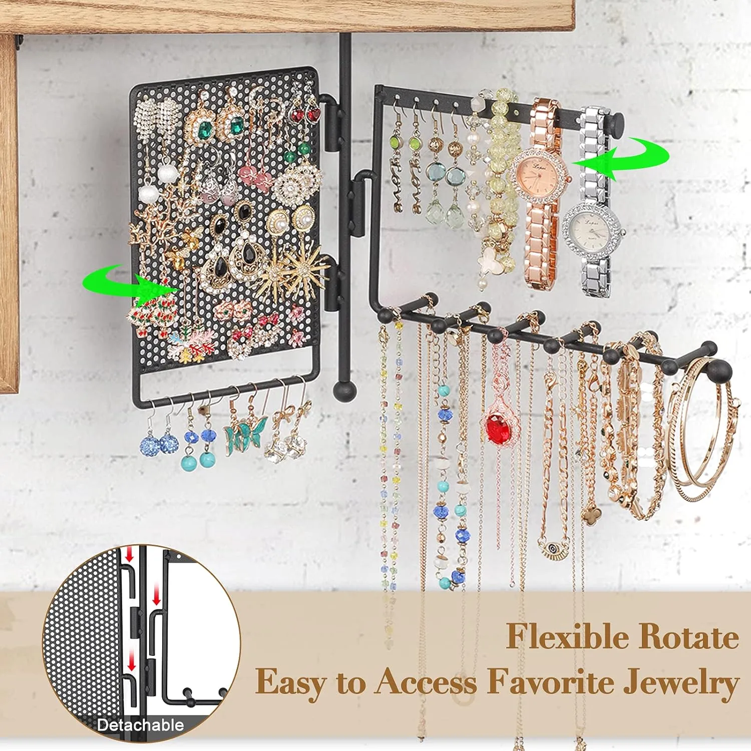 SOLIMINTR Hanging Jewelry Organizer Wall Mount with Rustic Wood Shelf, Ring Display Box, Ear Studs Earring Holder, Rotating Necklace Holder Organizer