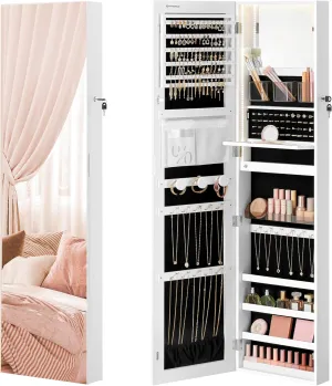 SONGMICS 55 Inches Tall Spacious Jewelry Cabinet, Jewelry Armoire with Light-Up Interior Mirror, Wall or Door Mounted Jewelry Storage Organizer, Lockable, Gift Idea, Cloud White UJJC032W01