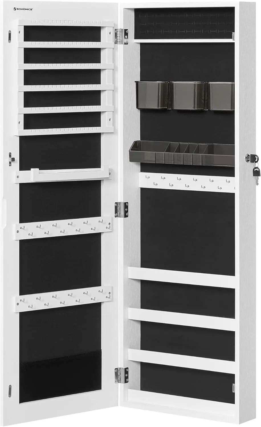 SONGMICS Jewelry Cabinet Armoire, Lockable Wall-Mounted Organizer Unit with 2 Plastic Cosmetic Storage Trays, Full-Length Frameless Mirror, White UJJC001W01