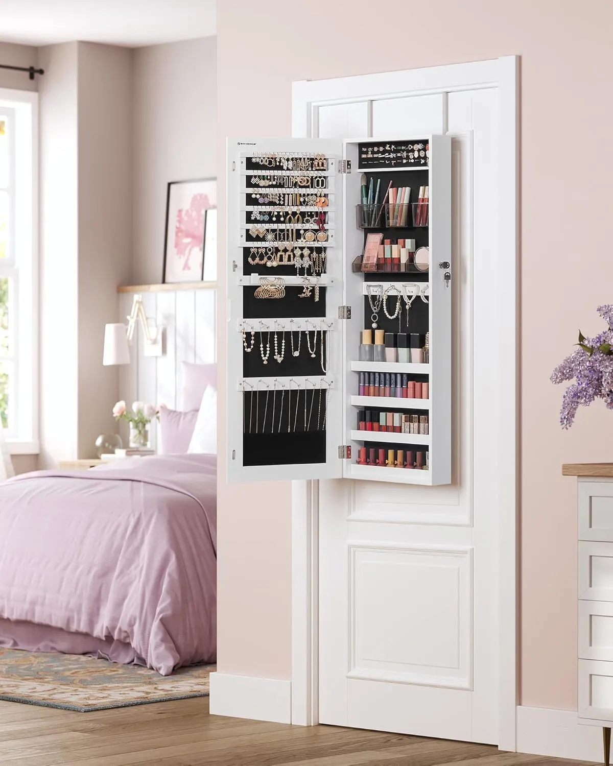 SONGMICS Jewelry Cabinet Armoire, Lockable Wall-Mounted Organizer Unit with 2 Plastic Cosmetic Storage Trays, Full-Length Frameless Mirror, White UJJC001W01