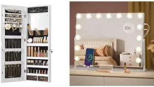 SONGMICS Jewelry Cabinet, Makeup Mirror, Arched Hanging Mirror, with Charging Ports, White UJJC013W01 and ULWM001W01V1
