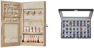SONGMICS Mirror Jewelry Cabinet Armoire with Built-in LED Lights and Watch Box, 24-Slot Watch Case, UJJC050N01 and UJWB024V1