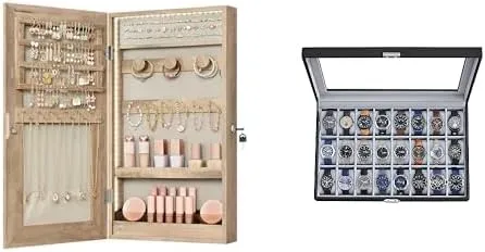 SONGMICS Mirror Jewelry Cabinet Armoire with Built-in LED Lights and Watch Box, 24-Slot Watch Case, UJJC050N01 and UJWB024V1