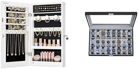 SONGMICS Mirror Jewelry Cabinet Armoire with Built-in LED Lights and Watch Box, 24-Slot Watch Case, UJJC050W01 and UJWB024V1