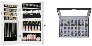 SONGMICS Mirror Jewelry Cabinet Armoire with Built-in LED Lights and Watch Box, 24-Slot Watch Case, UJJC050W01 and UJWB024V1