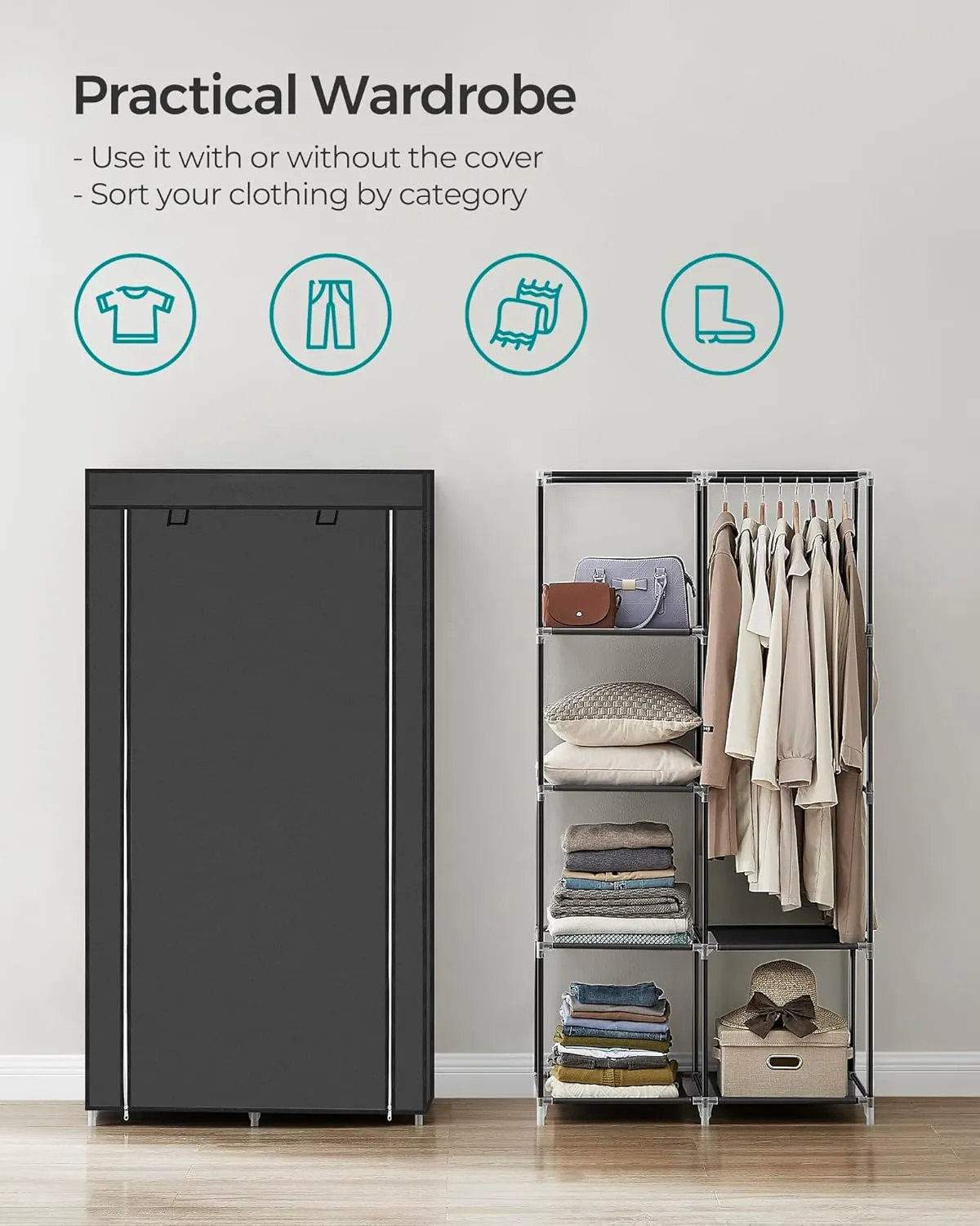 SONGMICS Portable Closet, Clothes Storage Organizer with 6 Shelves, 1 Clothes Hanging Rail, Non-Woven Fabric Closet, Metal Frame, 34.6 x 17.7 x 66.1 Inches, Black URYG84BK