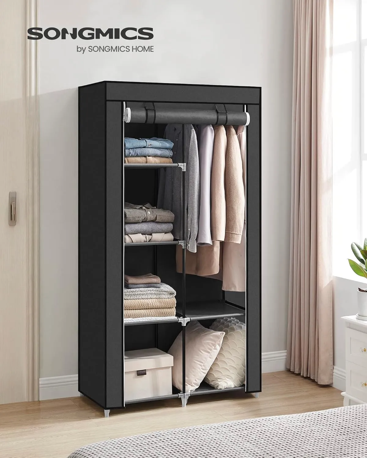 SONGMICS Portable Closet, Clothes Storage Organizer with 6 Shelves, 1 Clothes Hanging Rail, Non-Woven Fabric Closet, Metal Frame, 34.6 x 17.7 x 66.1 Inches, Black URYG84BK