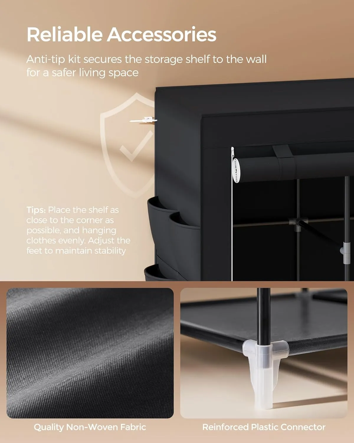 SONGMICS Portable Closet, Wardrobe Closet Organizer with Cover, 4 Hanging Rods and Shelves, 4 Side Pockets, 66.9 x 17.7 x 65.7 Inches, Large Capacity for Bedroom, Living Room, Ink Black URYG094B02
