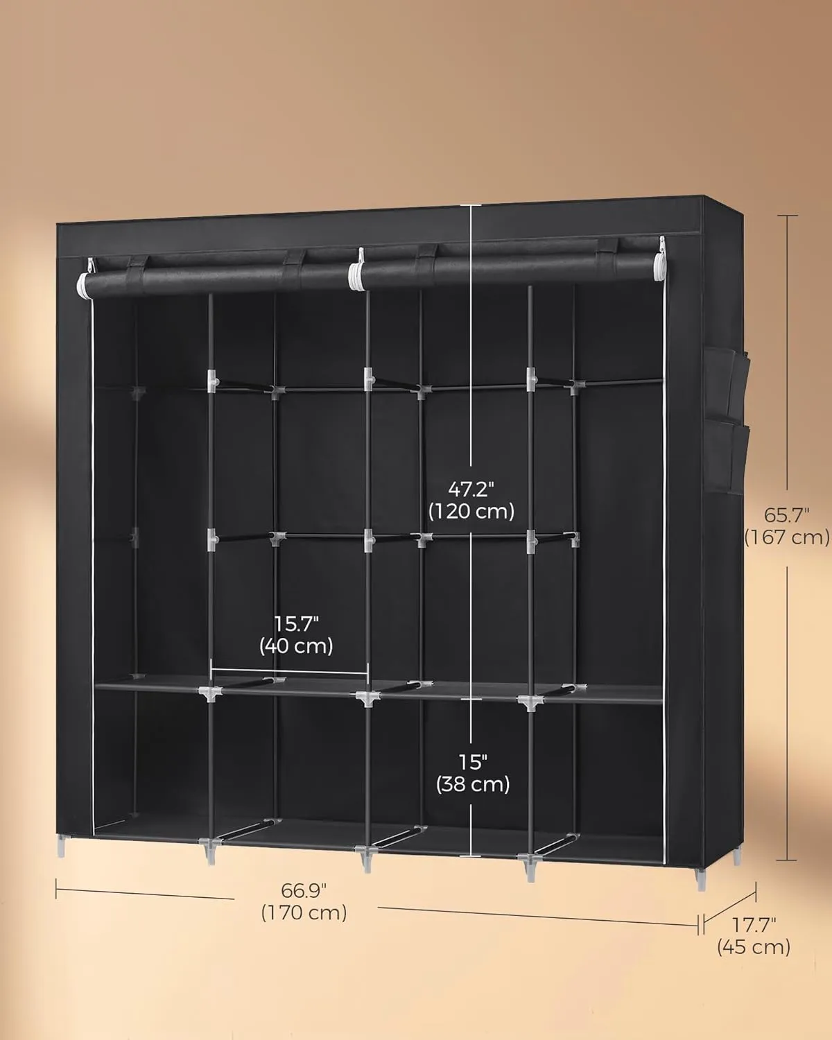 SONGMICS Portable Closet, Wardrobe Closet Organizer with Cover, 4 Hanging Rods and Shelves, 4 Side Pockets, 66.9 x 17.7 x 65.7 Inches, Large Capacity for Bedroom, Living Room, Ink Black URYG094B02