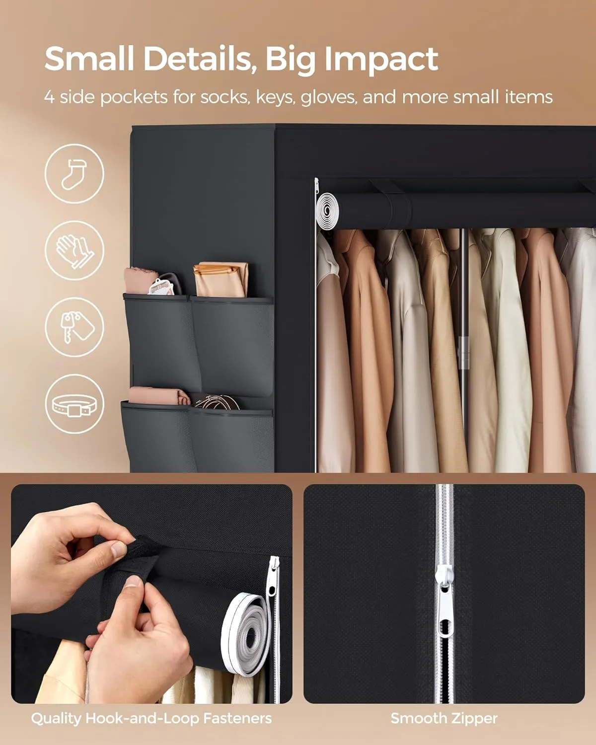 SONGMICS Portable Closet, Wardrobe Closet Organizer with Cover, 4 Hanging Rods and Shelves, 4 Side Pockets, 66.9 x 17.7 x 65.7 Inches, Large Capacity for Bedroom, Living Room, Ink Black URYG094B02
