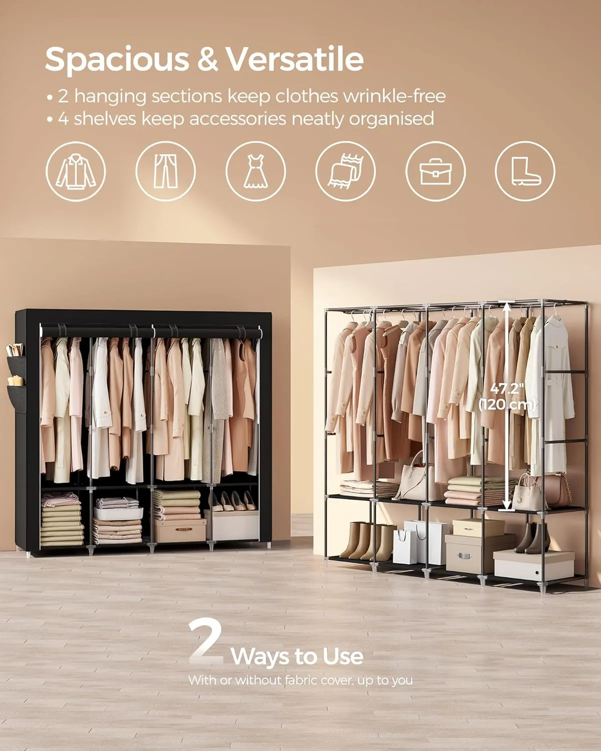 SONGMICS Portable Closet, Wardrobe Closet Organizer with Cover, 4 Hanging Rods and Shelves, 4 Side Pockets, 66.9 x 17.7 x 65.7 Inches, Large Capacity for Bedroom, Living Room, Ink Black URYG094B02