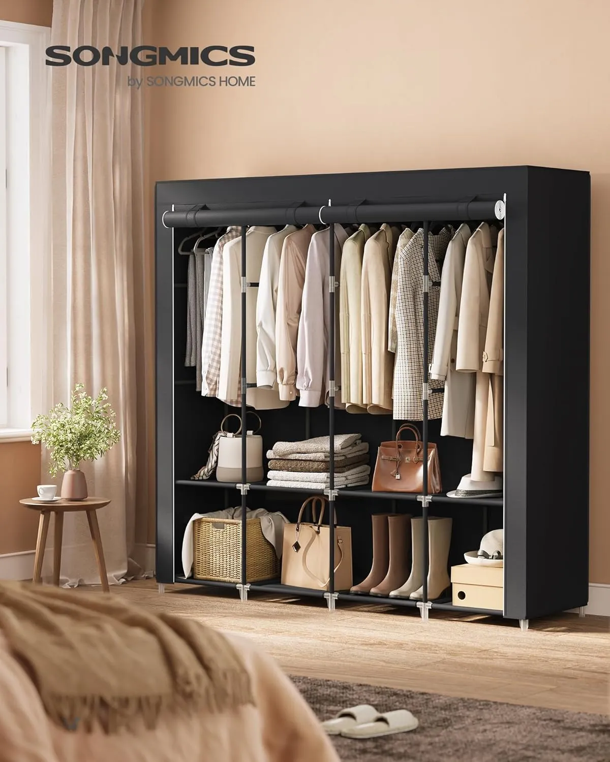 SONGMICS Portable Closet, Wardrobe Closet Organizer with Cover, 4 Hanging Rods and Shelves, 4 Side Pockets, 66.9 x 17.7 x 65.7 Inches, Large Capacity for Bedroom, Living Room, Ink Black URYG094B02