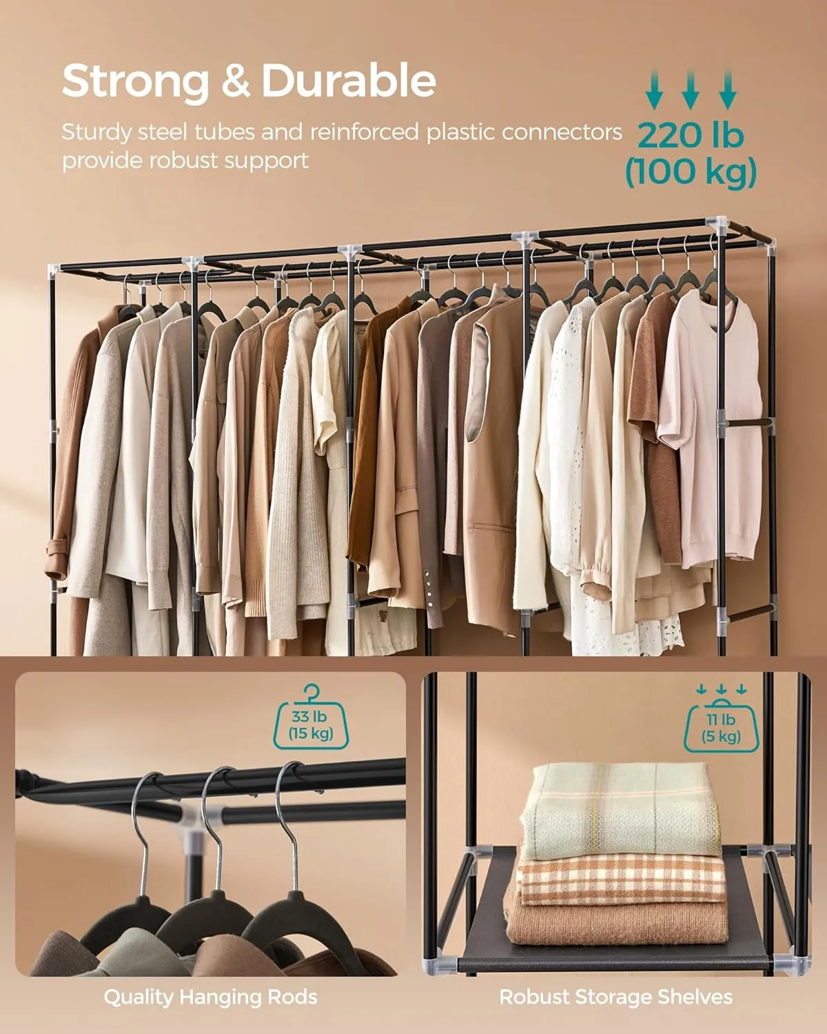 SONGMICS Portable Closet, Wardrobe Closet Organizer with Cover, 4 Hanging Rods and Shelves, 4 Side Pockets, 66.9 x 17.7 x 65.7 Inches, Large Capacity for Bedroom, Living Room, Ink Black URYG094B02