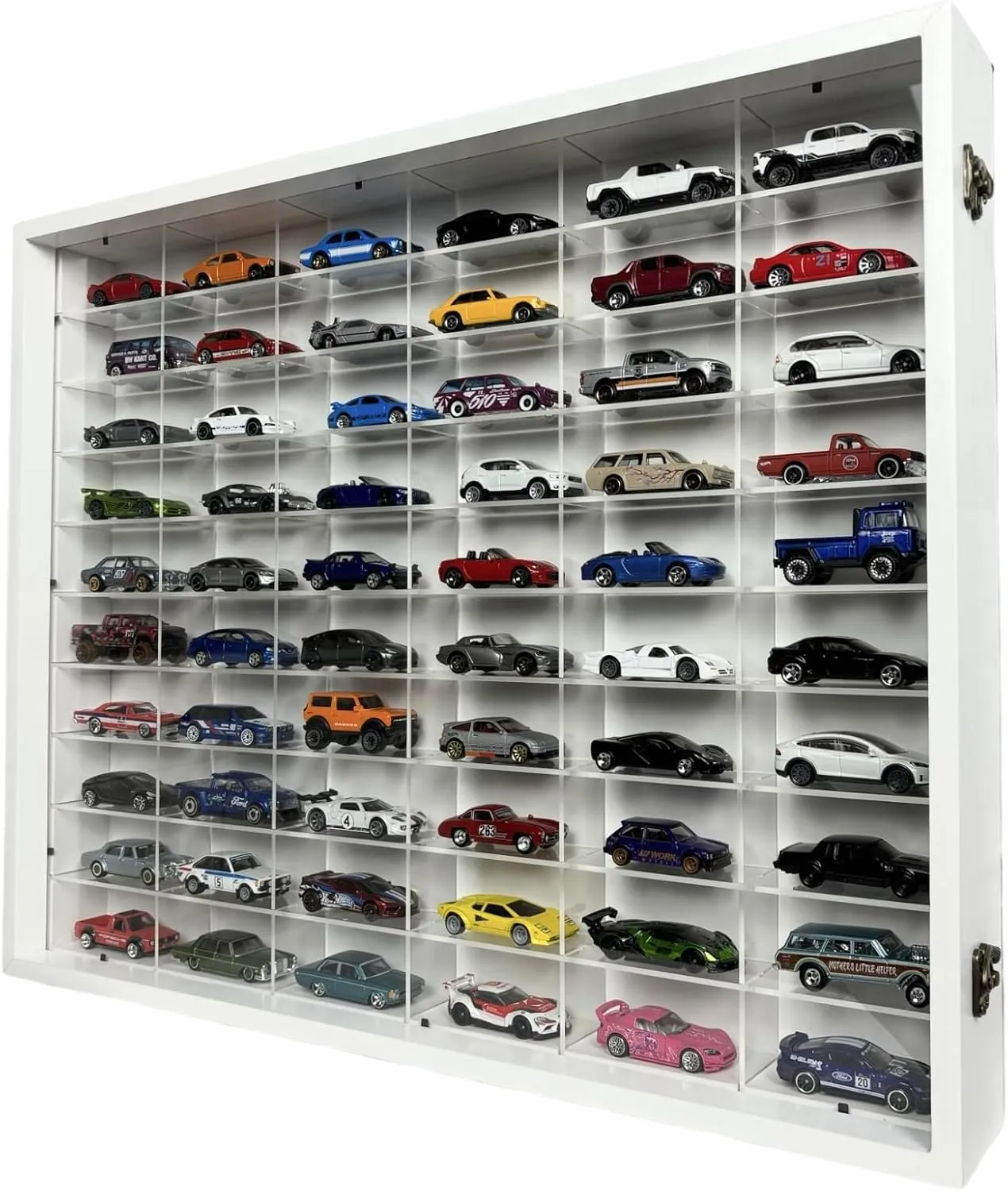 SpaceApe Wall Mount Display Case for Hot Wheels, with Dust Resistant Door, Acrylic Shelves, 1/64 Scale Diecast Model Cars Display Storage Organizer Case, White and Black, Stores up to 60 Cars (White)