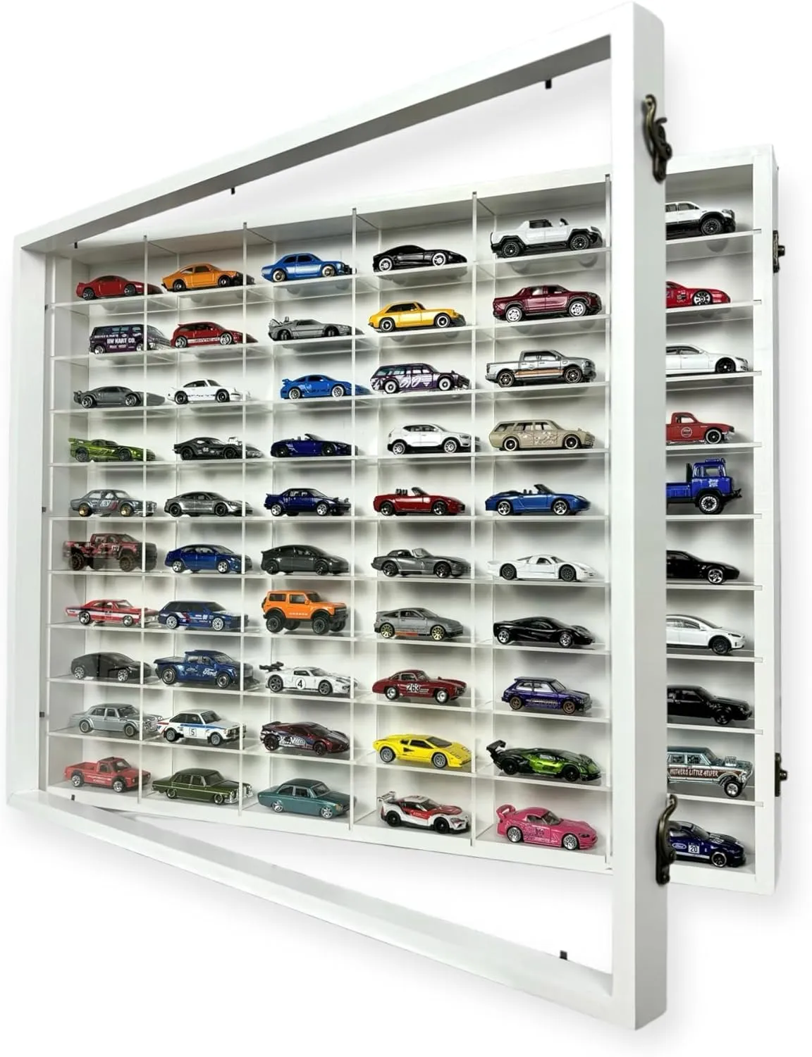 SpaceApe Wall Mount Display Case for Hot Wheels, with Dust Resistant Door, Acrylic Shelves, 1/64 Scale Diecast Model Cars Display Storage Organizer Case, White and Black, Stores up to 60 Cars (White)