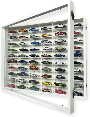 SpaceApe Wall Mount Display Case for Hot Wheels, with Dust Resistant Door, Acrylic Shelves, 1/64 Scale Diecast Model Cars Display Storage Organizer Case, White and Black, Stores up to 60 Cars (White)
