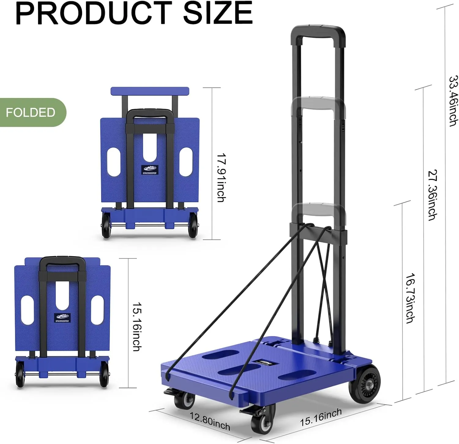 SPACEKEEPER Foldable Hand Truck Dolly, 265 LB Folding Luggage Cart with Wheels, Portable Flatbed Cart Collapsible Hand Truck for Luggage, Travel, Moving, Shopping, Office Use, Blue