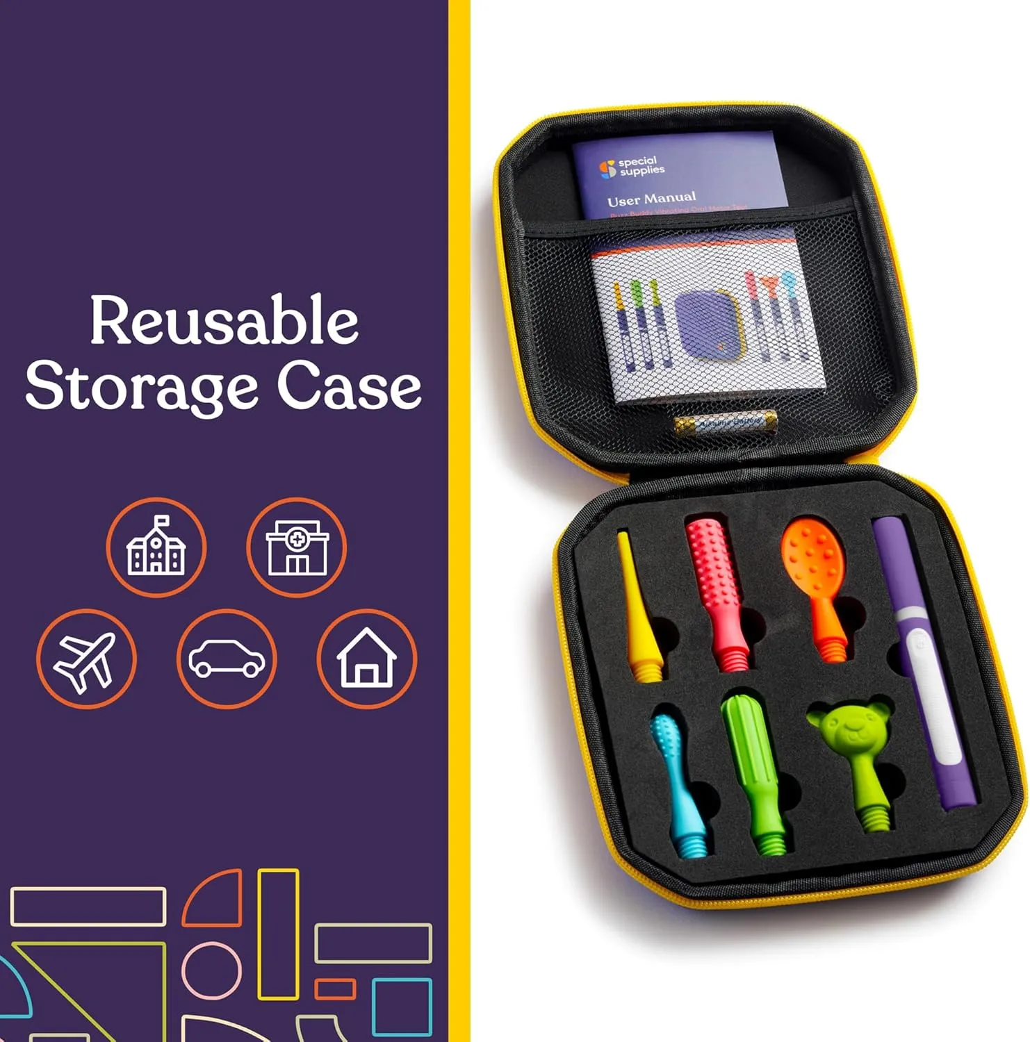 Special Supplies Buzz Buddy Oral Motor Stimulation kit with 6 Soft Textured Interchangeable Heads, Calm Sensory Needs, Support Speech, and Stimulate Self Feeding, Gentle Vibrations (Purple)