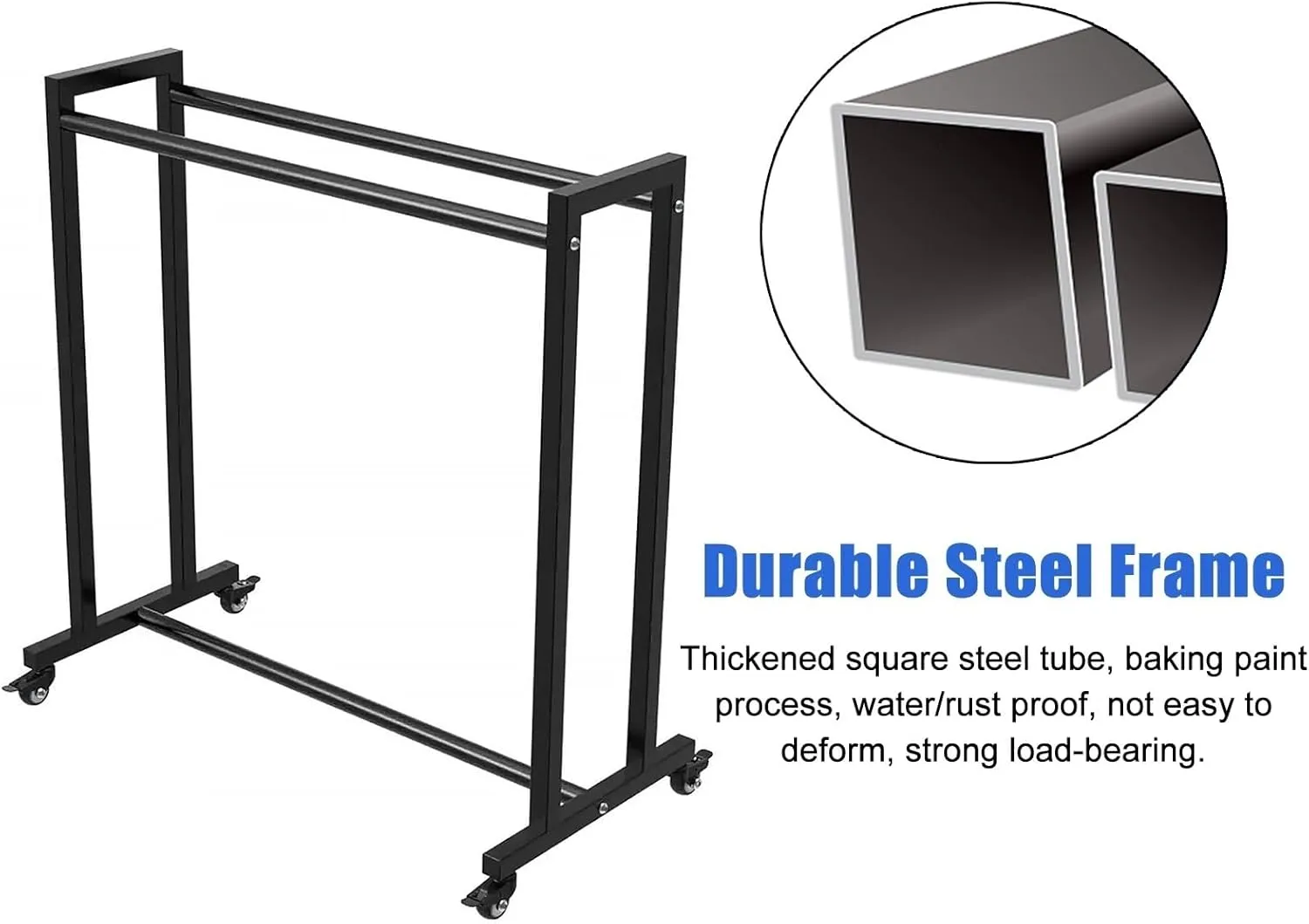Sports Ball Storage Stand Rolling Hanging Racket Organizer Rack, Black Steel Freestanding Tennis Badminton Racquet Display Rack for Schools/Garage/Retail Store, with 360° Lockable Wheels