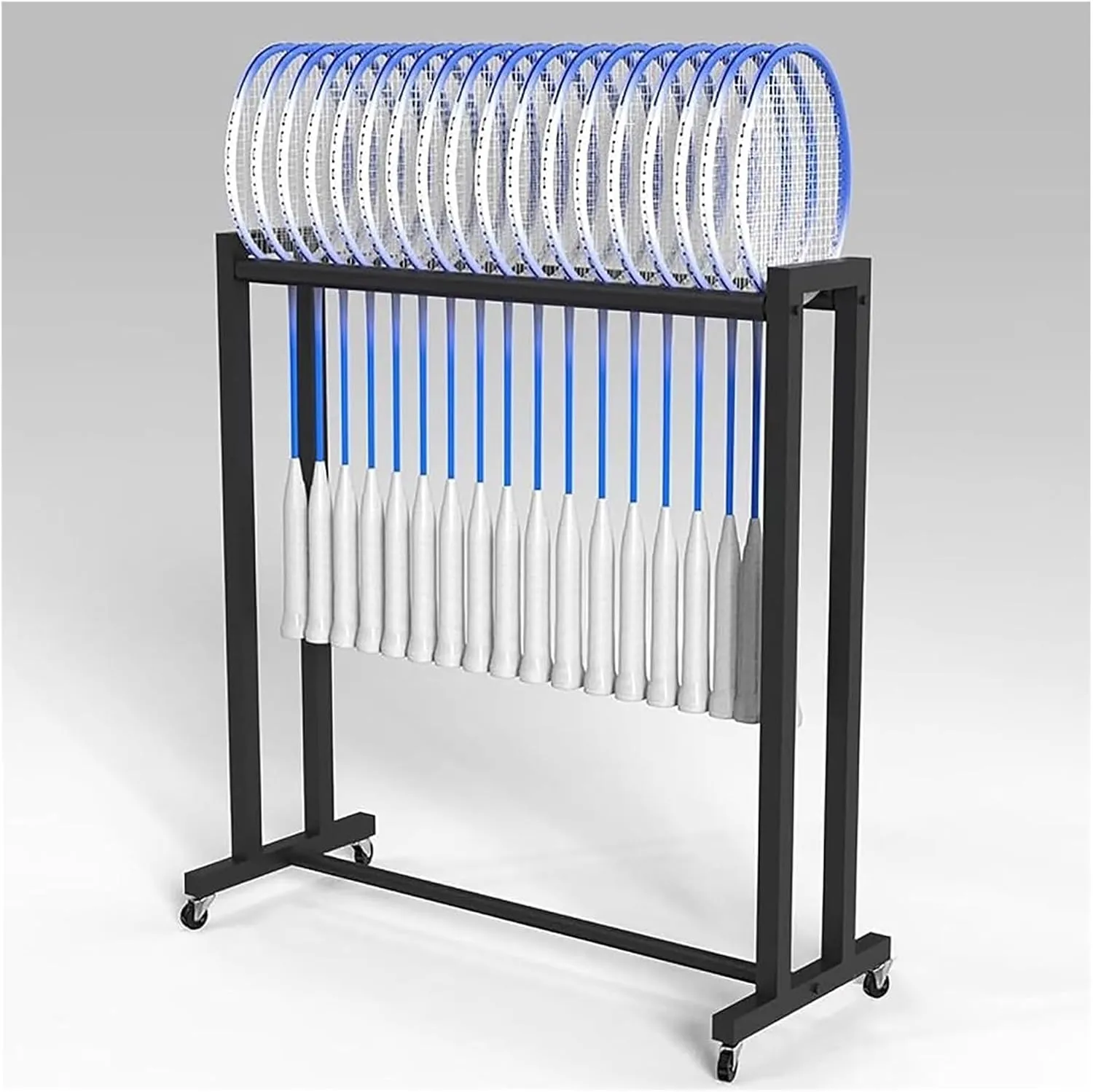Sports Ball Storage Stand Rolling Hanging Racket Organizer Rack, Black Steel Freestanding Tennis Badminton Racquet Display Rack for Schools/Garage/Retail Store, with 360° Lockable Wheels