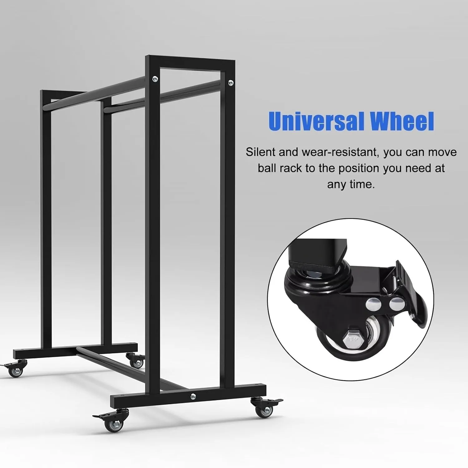 Sports Ball Storage Stand Rolling Hanging Racket Organizer Rack, Black Steel Freestanding Tennis Badminton Racquet Display Rack for Schools/Garage/Retail Store, with 360° Lockable Wheels